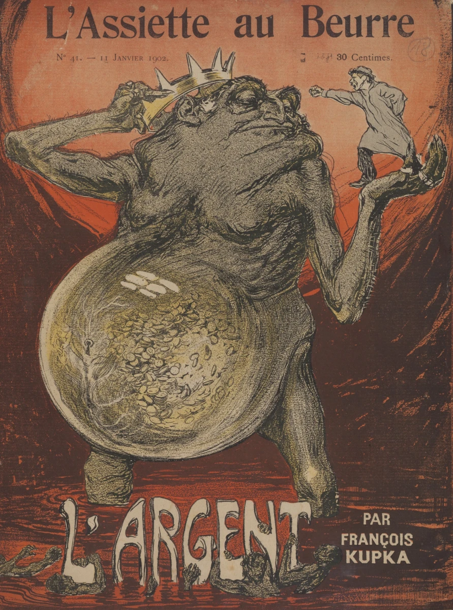 František Kupka, Peníze, obálka časopisu L´Assiette au Beurre, 1902, litografie, papír, 318 × 247 mm, Národní galerie v Praze
