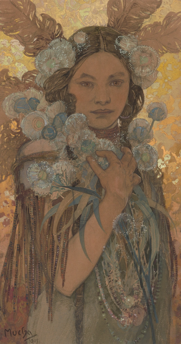 Alfons Mucha, Žena s květy a pery, 1905, Západočeská galerie v Plzni